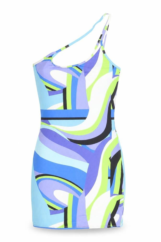 Front view of PRETTYLITTLETHING women’s multicoloured geometric polyester bodycon, size UK 8, one shoulder pullover
