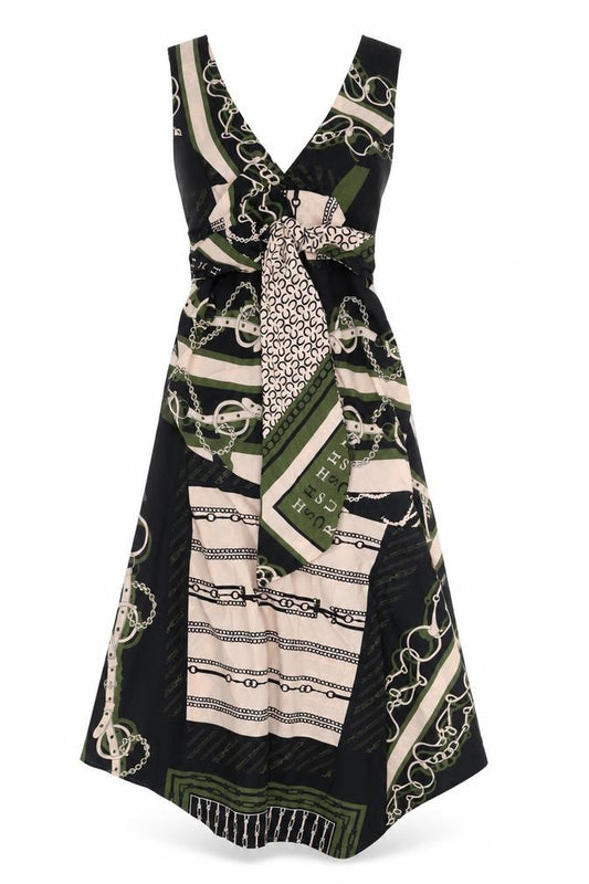 Front view of Topshop women’s multicoloured geometric polyester a-line, size UK 8, v-neck zip