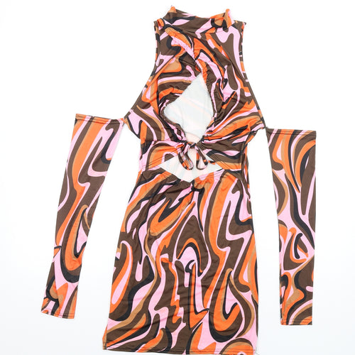 PRETTYLITTLETHING Womens Multicoloured Geometric Polyester Bodycon Size 10 Mock Neck Pullover - Cold Shoulder Cut Out