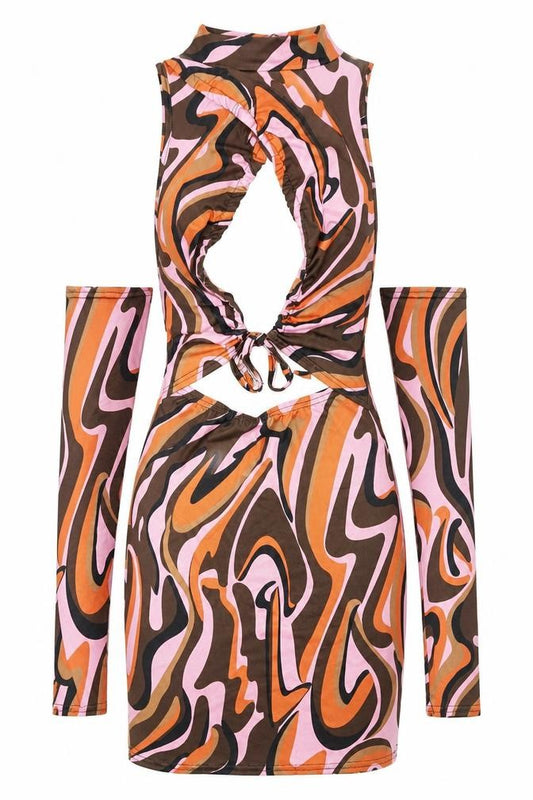 Front view of PRETTYLITTLETHING women’s multicoloured geometric polyester bodycon, mock neck pullover - cold shoulder cut out