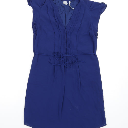 H&M Womens Blue Polyester A-Line Size 6 V-Neck Button
