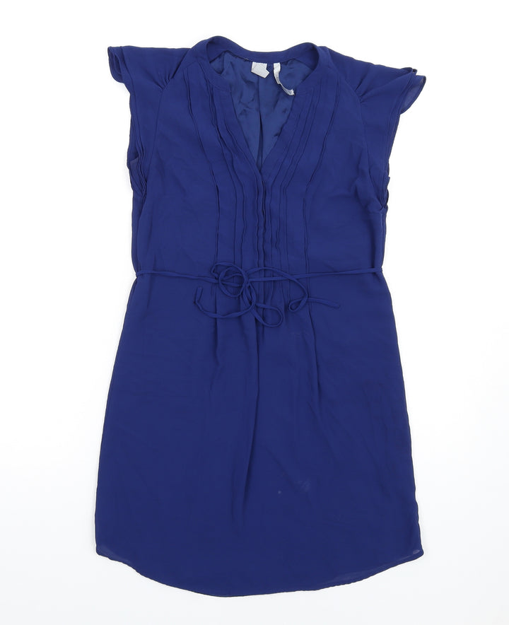 H&M Womens Blue Polyester A-Line Size 6 V-Neck Button