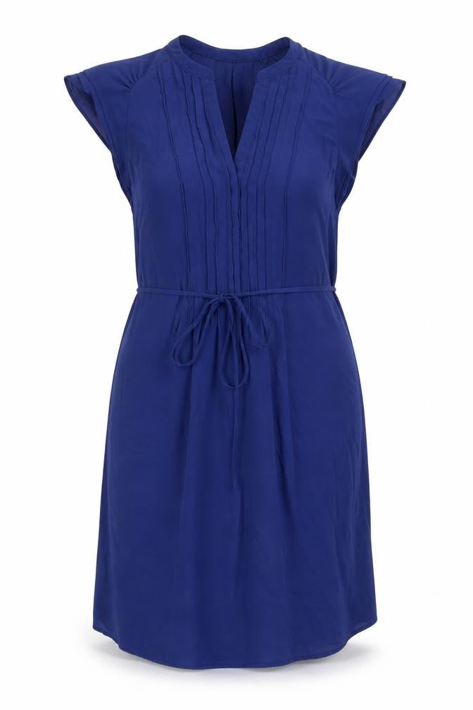 Front view of H&M women’s blue polyester a-line, size UK 6, v-neck button