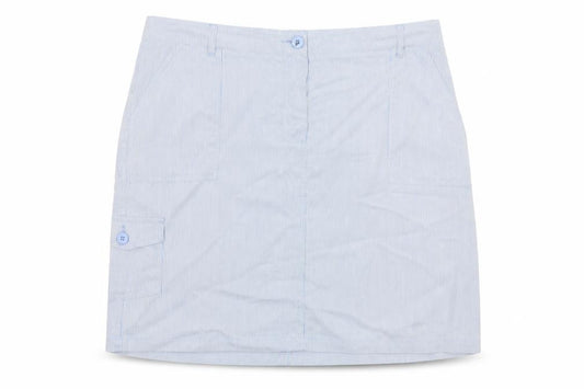 Front view of Authentic women’s blue striped cotton a-line skirt, size UK 20, zip