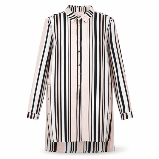 Front view of Quiz women’s pink striped polyester shirt dress, size UK 10, collared button