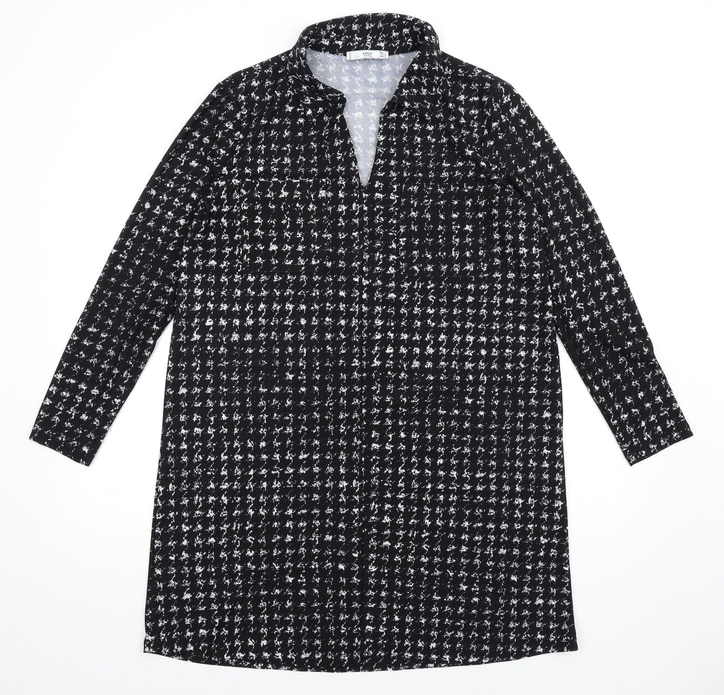 Mango Womens Black Geometric Polyester Shirt Dress Size L Collared Pullover