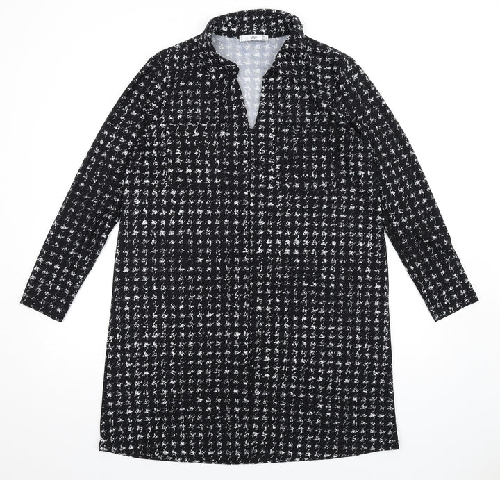 Mango Womens Black Geometric Polyester Shirt Dress Size L Collared Pullover