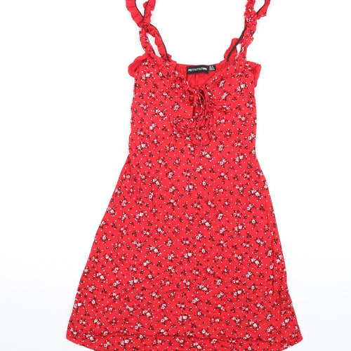 PRETTYLITTLETHING Womens Red Floral Viscose A-Line Size 6 V-Neck Pullover
