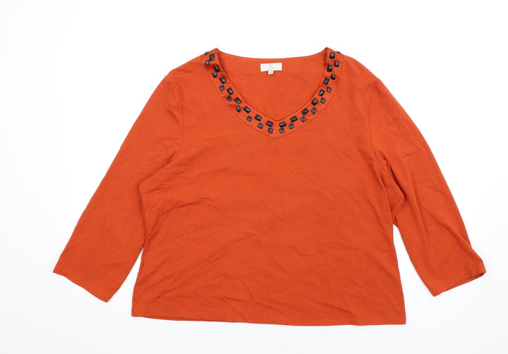 CC Womens Orange Viscose Basic T-Shirt Size XL V-Neck - Beaded Neckline