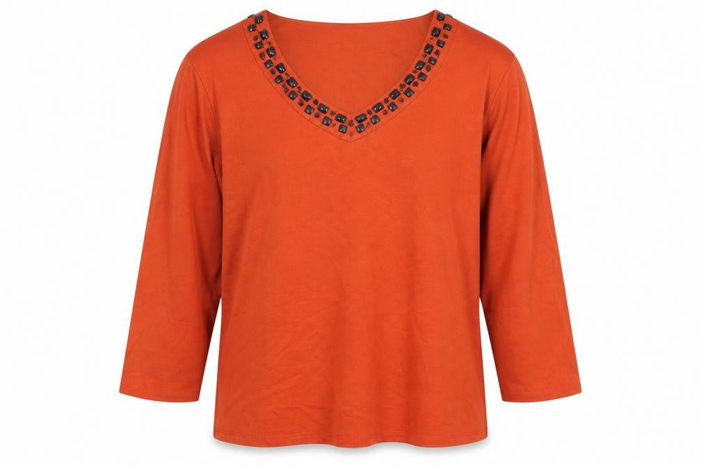 Front view of Country Casuals women’s orange viscose basic t-shirt, size XL, v-neck - beaded neckline