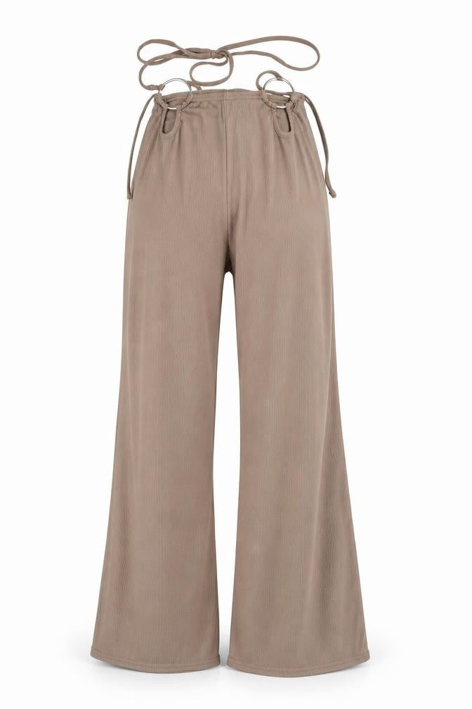 Front view of QED London women’s brown polyester trousers, size UK 8, 32-inch leg regular