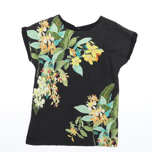 Warehouse Womens Black Floral Polyester Basic T-Shirt Size 6 Round Neck