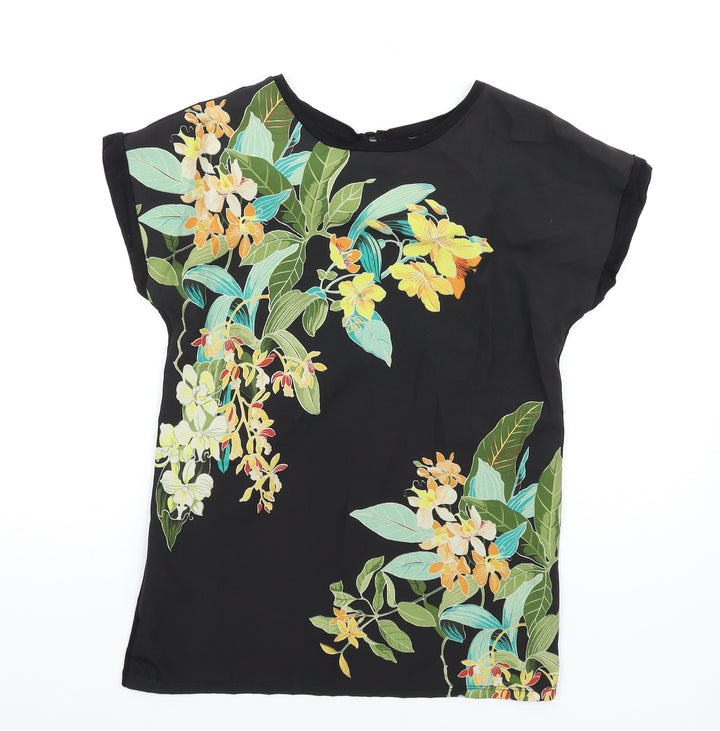 Warehouse Womens Black Floral Polyester Basic T-Shirt Size 6 Round Neck