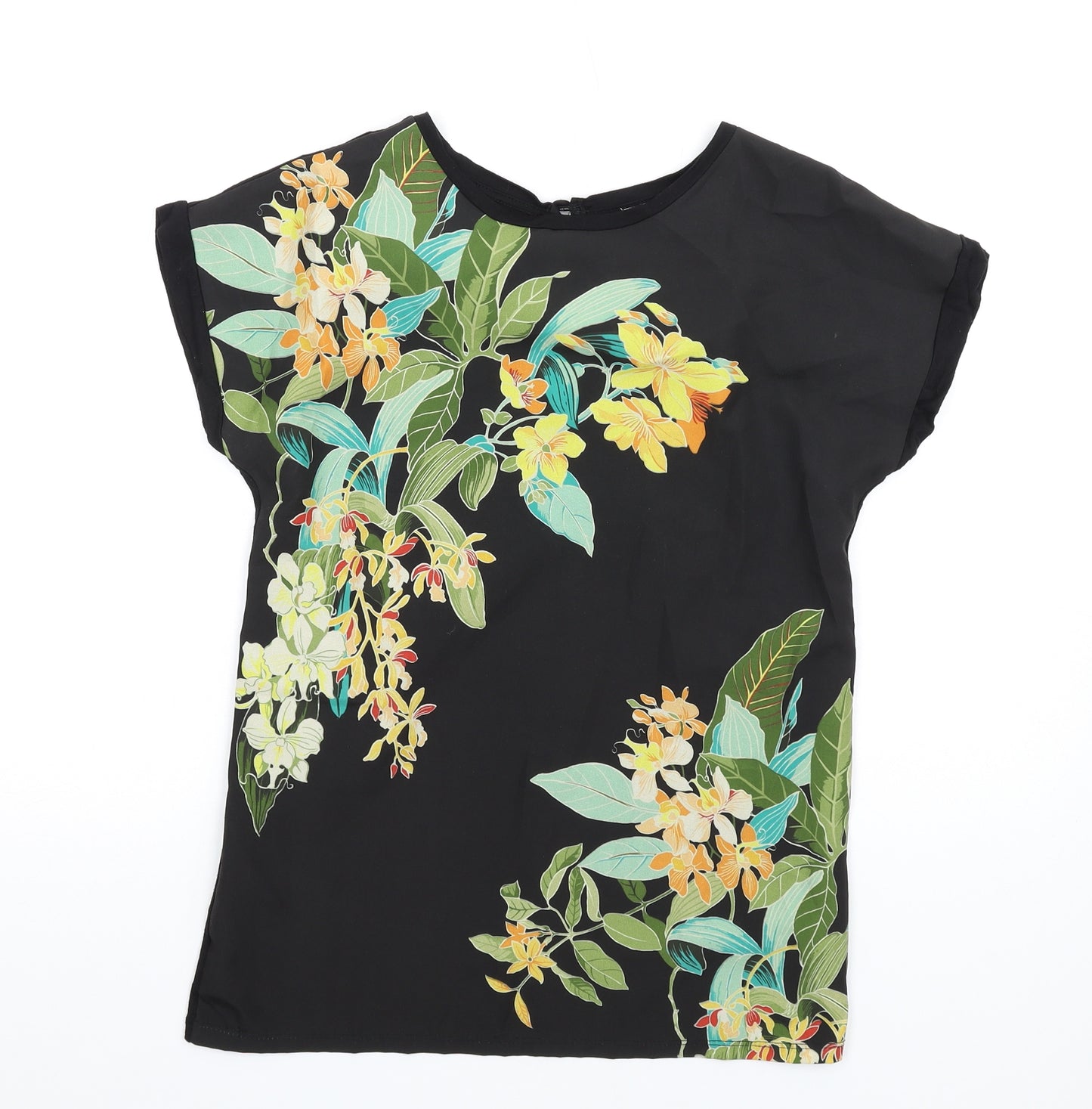 Warehouse Womens Black Floral Polyester Basic T-Shirt Size 6 Round Neck