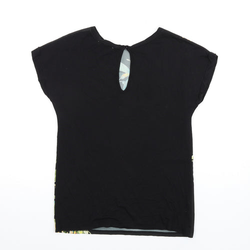 Warehouse Womens Black Floral Polyester Basic T-Shirt Size 6 Round Neck