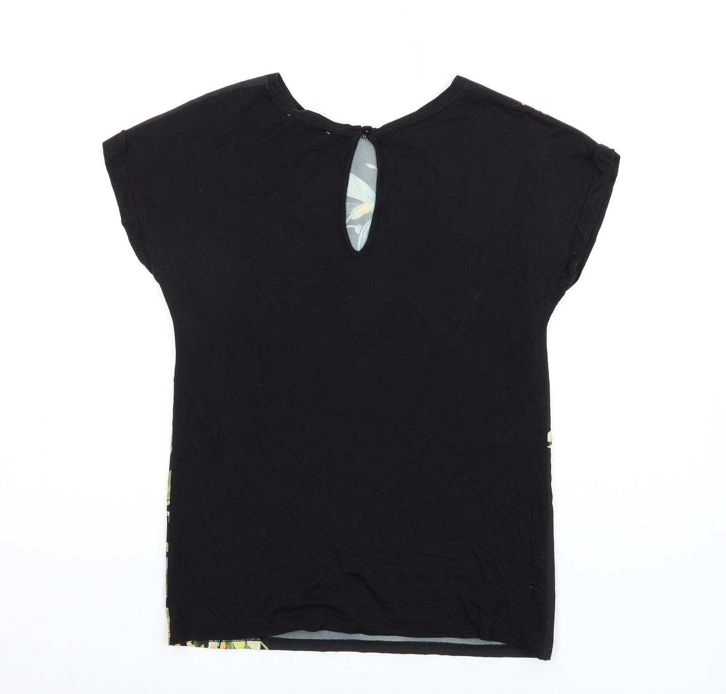 Warehouse Womens Black Floral Polyester Basic T-Shirt Size 6 Round Neck