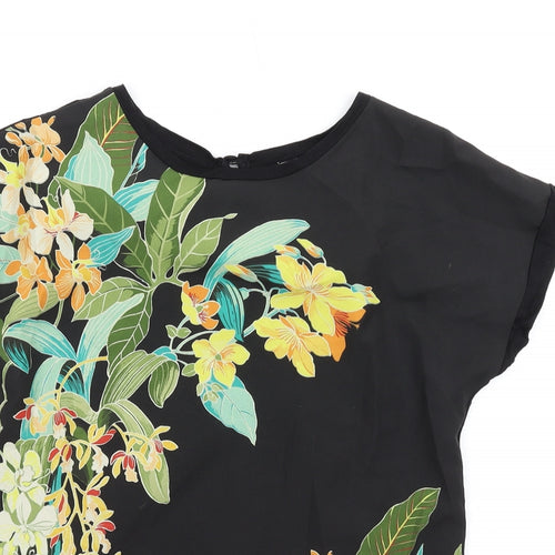 Warehouse Womens Black Floral Polyester Basic T-Shirt Size 6 Round Neck
