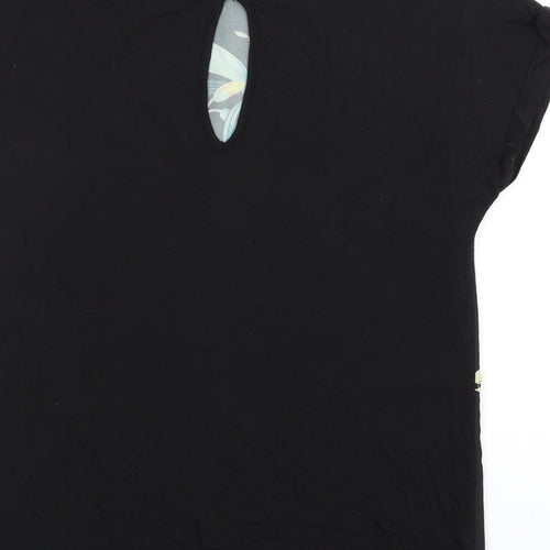 Warehouse Womens Black Floral Polyester Basic T-Shirt Size 6 Round Neck