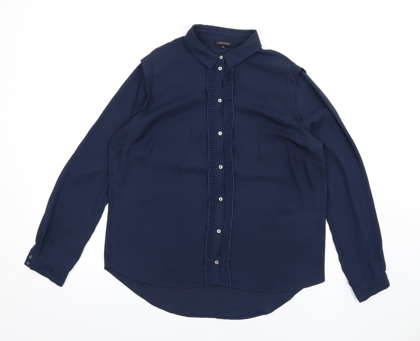 River Island Womens Blue Polyester Basic Button-Up Size 14 Collared - Ruffle