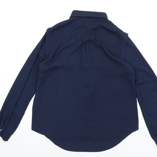 River Island Womens Blue Polyester Basic Button-Up Size 14 Collared - Ruffle