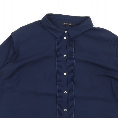 River Island Womens Blue Polyester Basic Button-Up Size 14 Collared - Ruffle