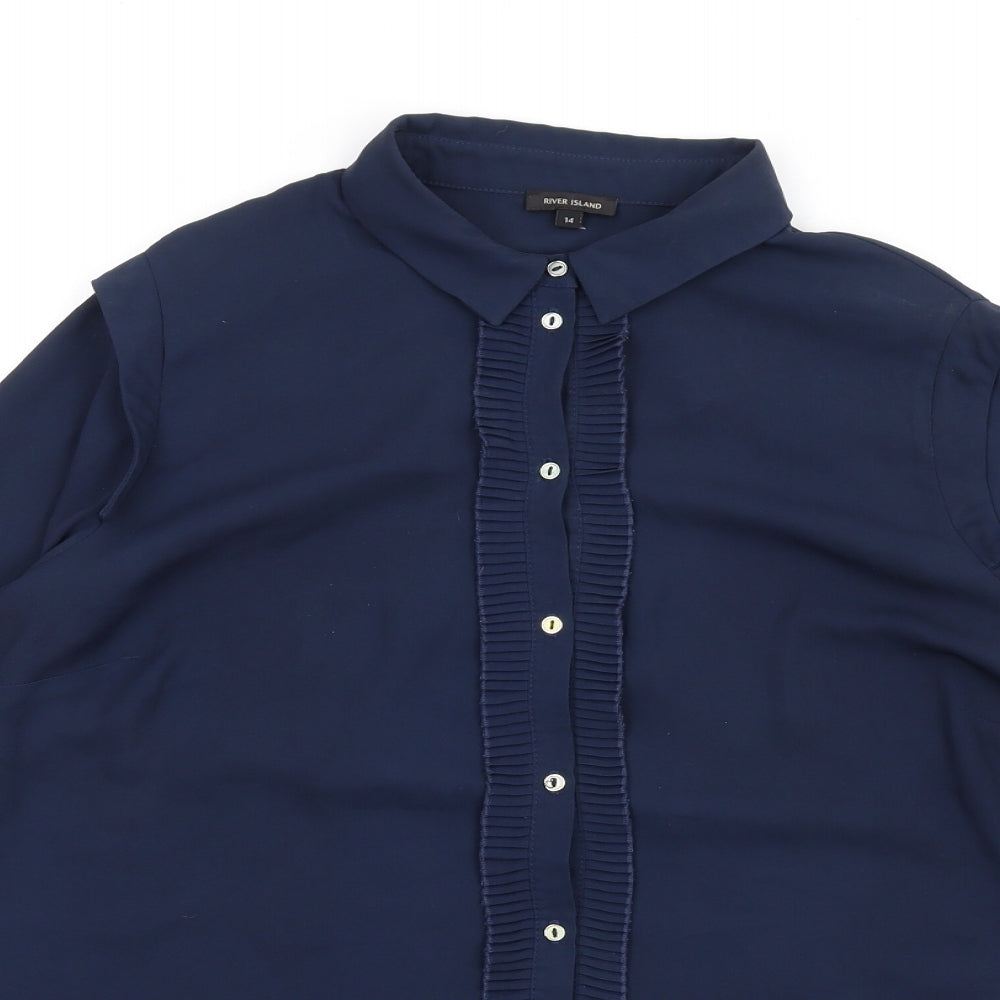 River Island Womens Blue Polyester Basic Button-Up Size 14 Collared - Ruffle