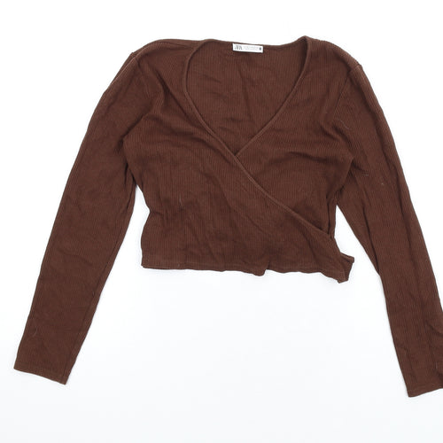 Zara Womens Brown Cotton Cropped T-Shirt Size M V-Neck