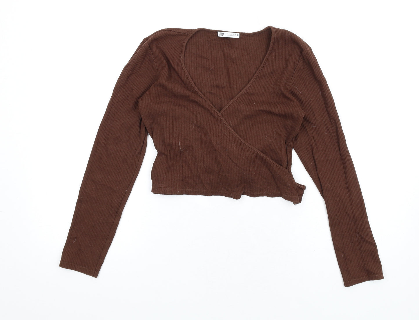 Zara Womens Brown Cotton Cropped T-Shirt Size M V-Neck