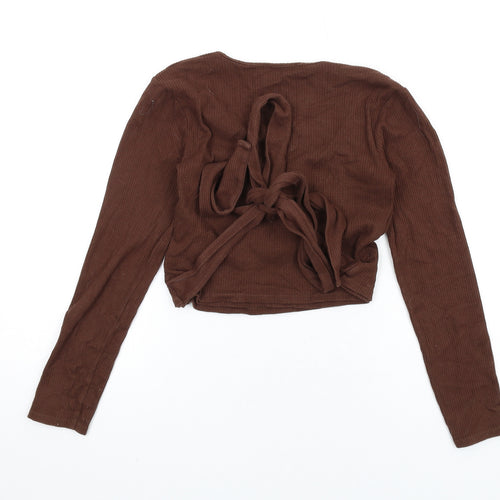 Zara Womens Brown Cotton Cropped T-Shirt Size M V-Neck