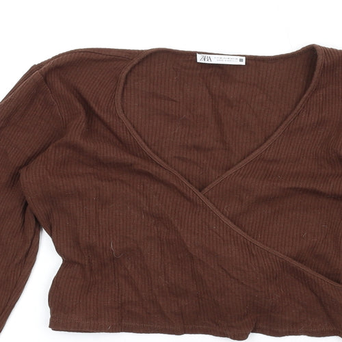 Zara Womens Brown Cotton Cropped T-Shirt Size M V-Neck