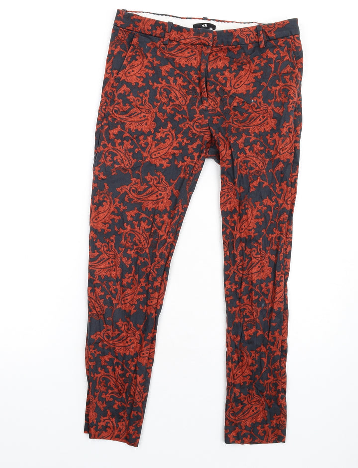 H&M Womens Orange Geometric Cotton Dress Pants Trousers Size 8 L28 in Regular Zip