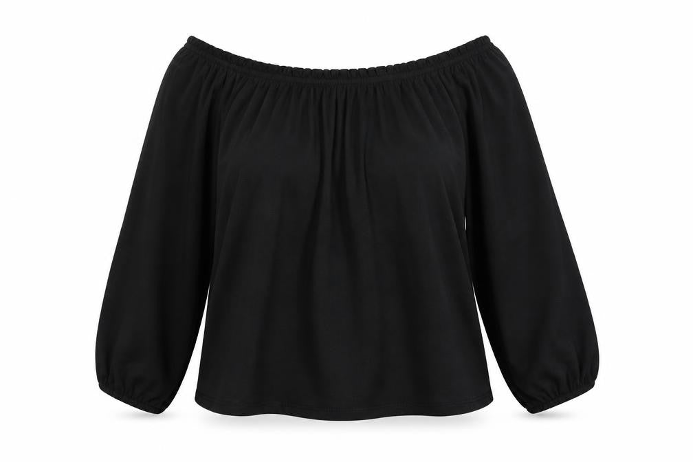 Front view of Bershka women’s black polyester basic t-shirt, size S, off the shoulder