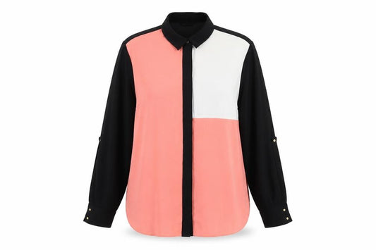Front view of River Island women’s pink colourblock polyester basic button-up, size UK 12, collared