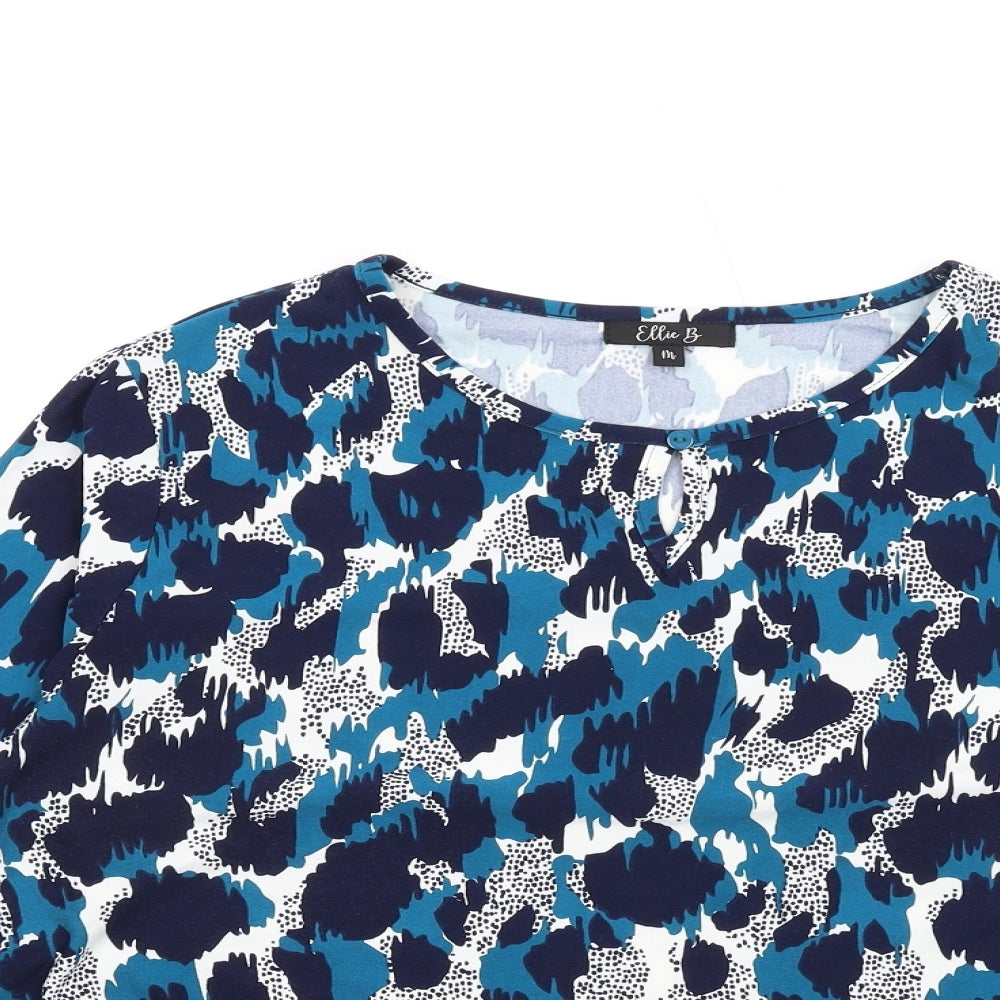 Ellie B Womens Blue Geometric Polyester Basic T-Shirt Size M Round Neck