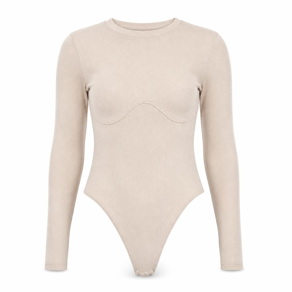 Front view of Missguided women’s beige polyester bodysuit one-piece, size UK 6, snap