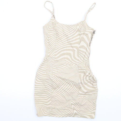 H&M Womens Beige Geometric Cotton Mini Size 6 Scoop Neck Zip