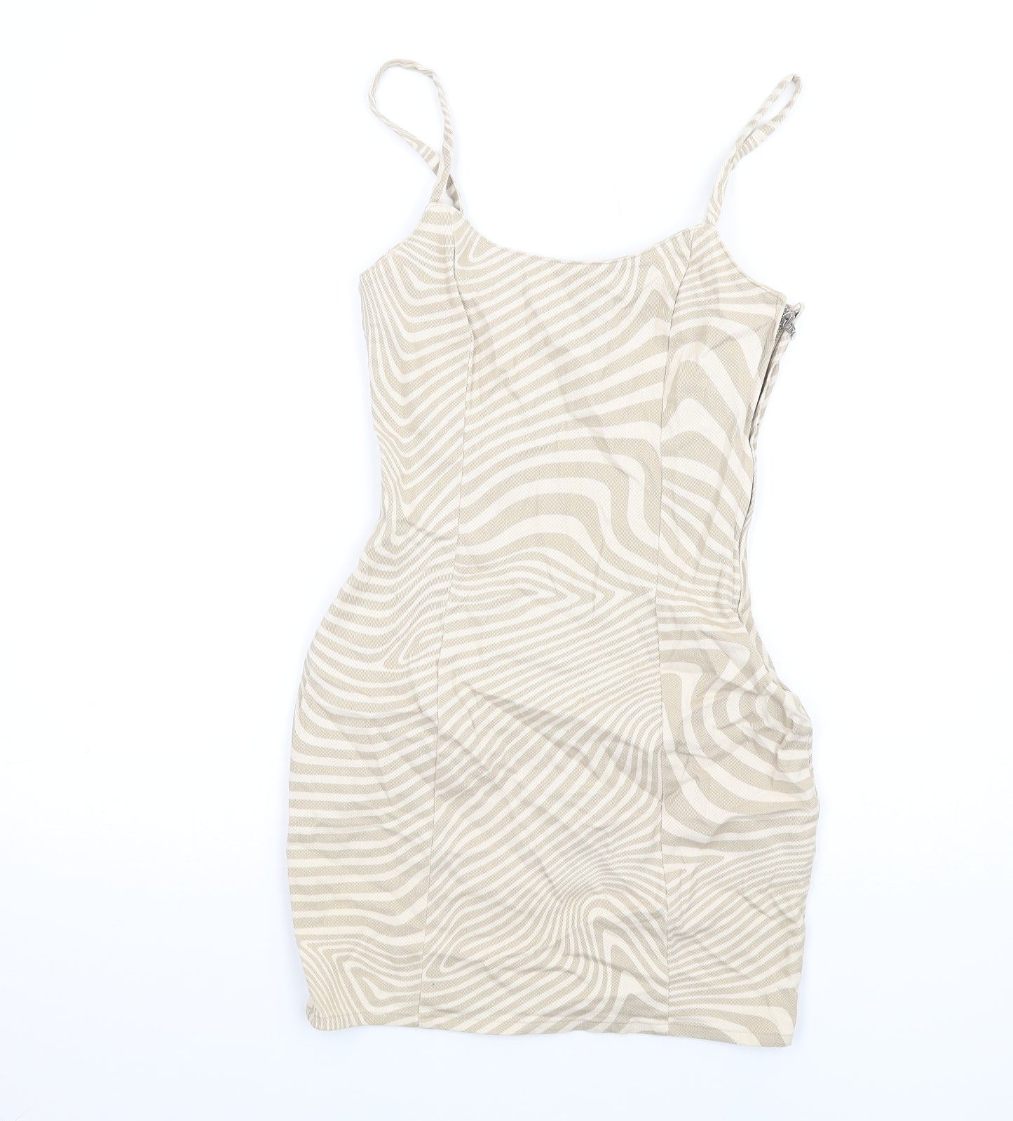 H&M Womens Beige Geometric Cotton Mini Size 6 Scoop Neck Zip