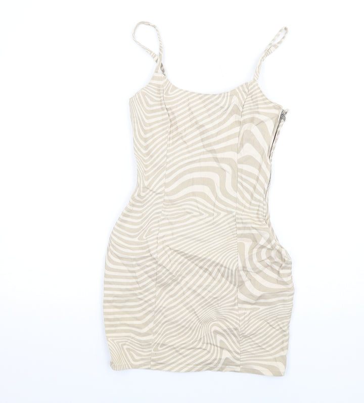 H&M Womens Beige Geometric Cotton Mini Size 6 Scoop Neck Zip