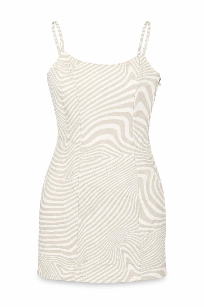 Front view of H&M women’s beige geometric cotton mini, size UK 6, scoop neck zip