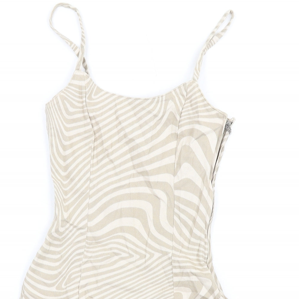 H&M Womens Beige Geometric Cotton Mini Size 6 Scoop Neck Zip
