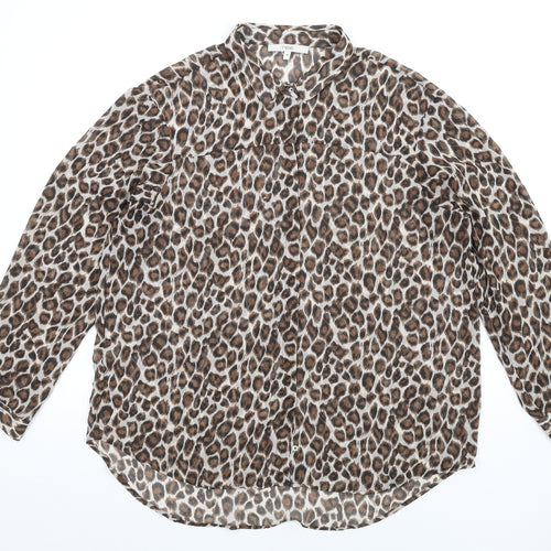 NEXT Womens Brown Animal Print Polyester Basic Button-Up Size 16 Collared