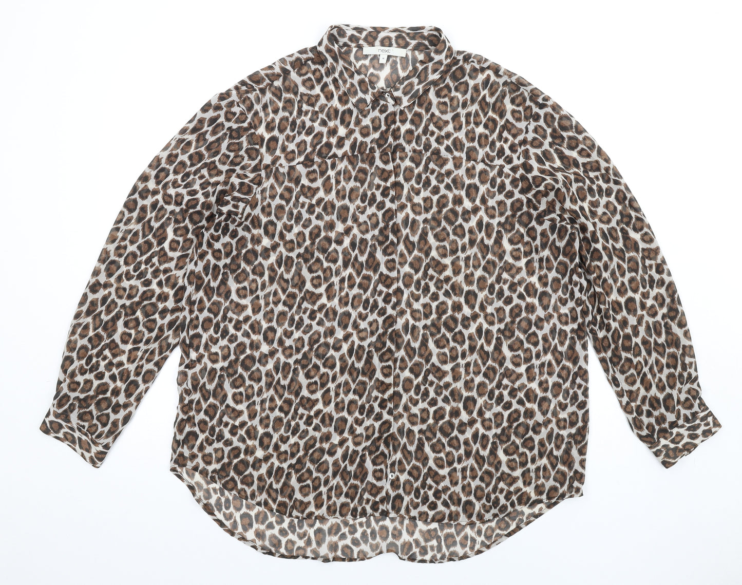 NEXT Womens Brown Animal Print Polyester Basic Button-Up Size 16 Collared