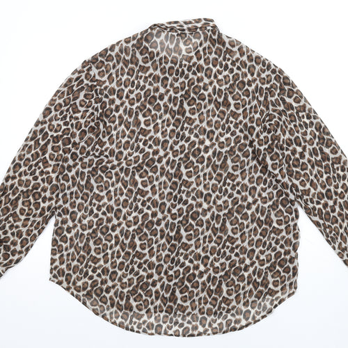 NEXT Womens Brown Animal Print Polyester Basic Button-Up Size 16 Collared