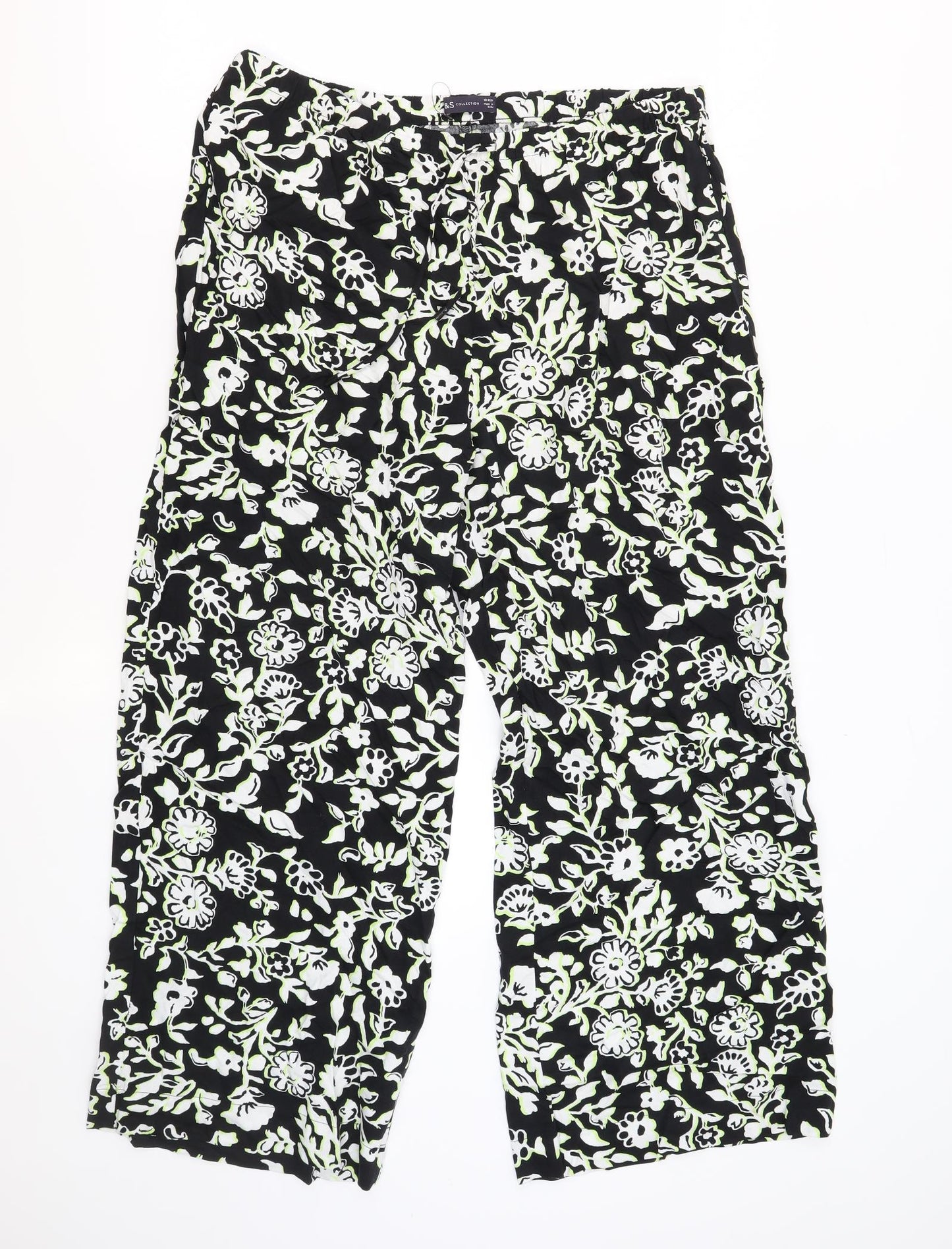 Marks and Spencer Womens Black Geometric Viscose Trousers Size 18 L29 in Regular Drawstring