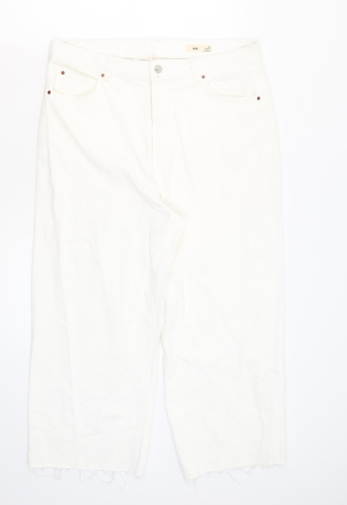 Marks and Spencer Womens White Cotton Wide-Leg Jeans Size 18 L25.5 in Regular Zip - Distressed Hems