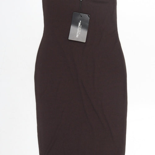 PRETTYLITTLETHING Womens Brown Polyester Bodycon Size 4 V-Neck Pullover