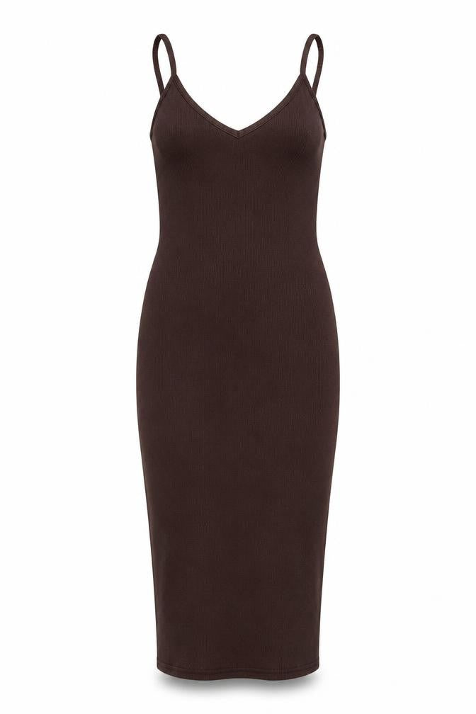 Front view of PRETTYLITTLETHING women’s brown polyester bodycon, size UK 4, v-neck pullover