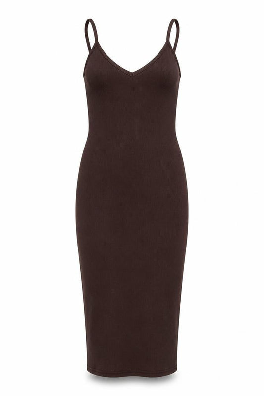 Front view of PRETTYLITTLETHING women’s brown polyester bodycon, size UK 4, v-neck pullover
