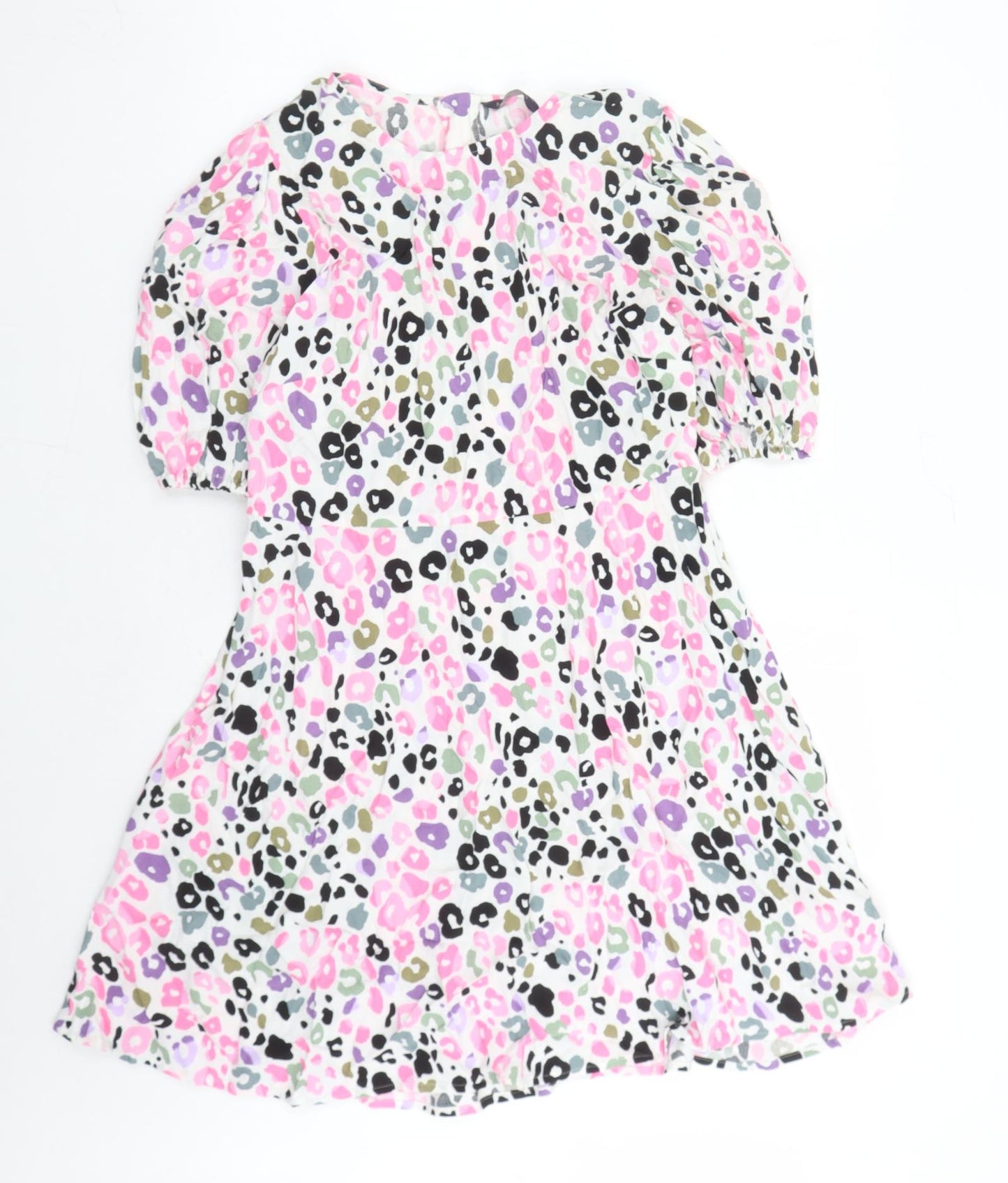 Marks and Spencer Womens Multicoloured Animal Print Viscose A-Line Size 14 Round Neck Button - Leopard Pattern