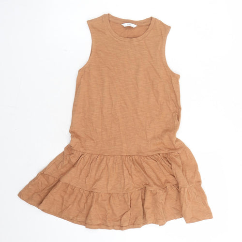 Marks and Spencer Girls Brown Cotton Tank Dress Size 8-9 Years Round Neck Pullover